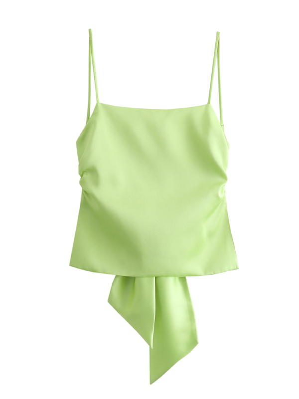 New women’s fashion versatile bow-decorated satin top - Green / XS