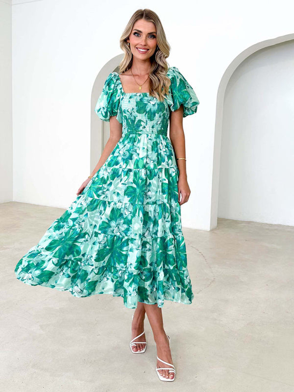 New Women’s Fashionable French Boat Collar Printed Dress - Green / S