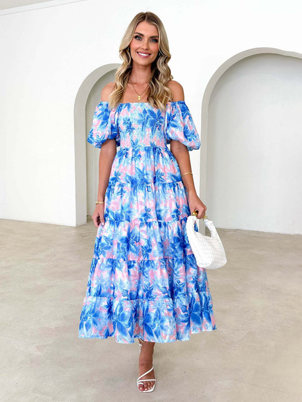 New Women’s Fashionable French Boat Collar Printed Dress - Sky blue azure / S