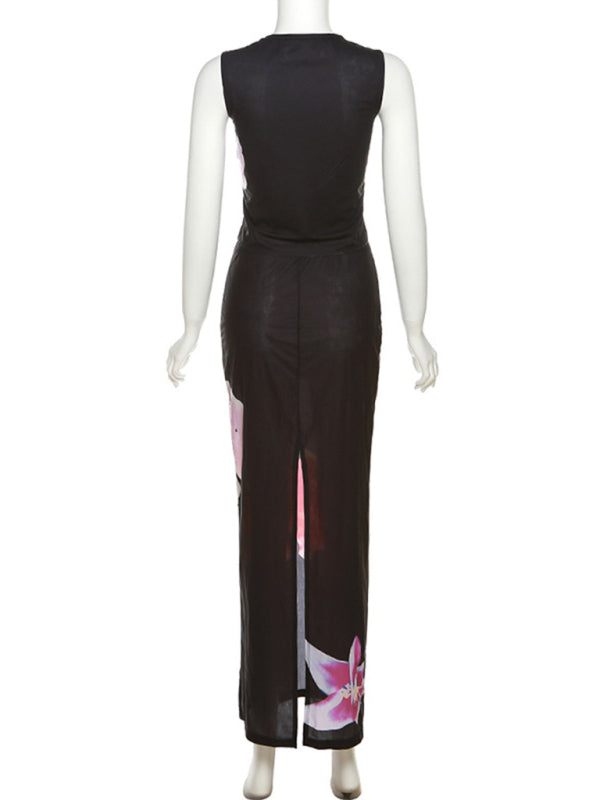 New women’s fashionable sleeveless printed T-shirt slim fit hip-hugging slit skirt suit