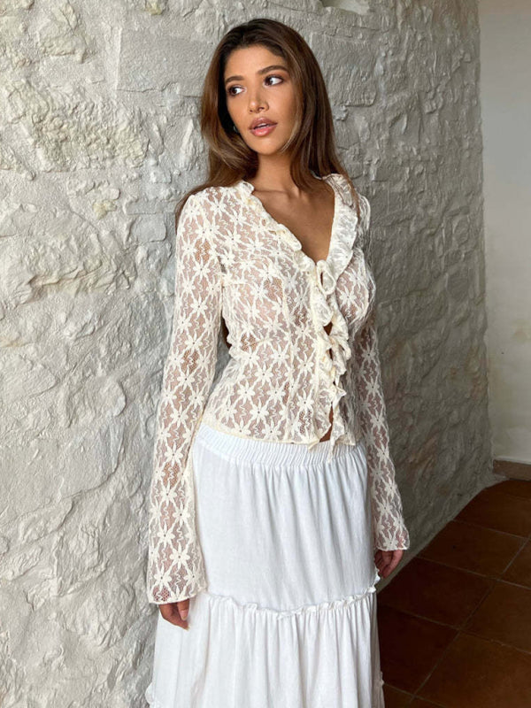 New women’s fashionable slim solid color mesh hollow see-through lace long-sleeved cardigan - White / S