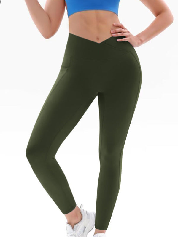 New Women’s High Waist Hip Pocket Yoga Pants - Olive green / S