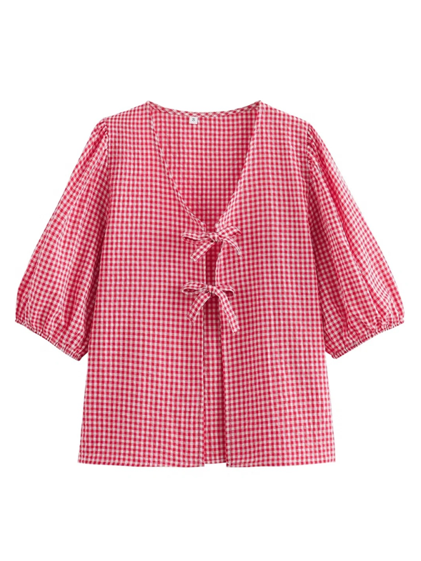 New women’s lace-up plaid top + plaid shorts two-piece suit