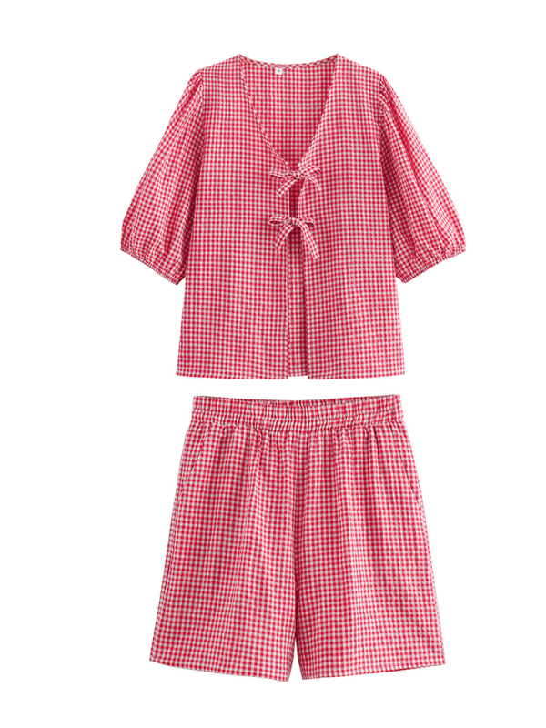New women’s lace-up plaid top + plaid shorts two-piece suit - Red / S