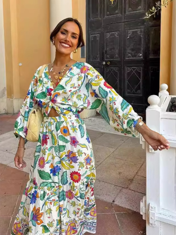 New women’s lantern sleeve printed waist-baring dress