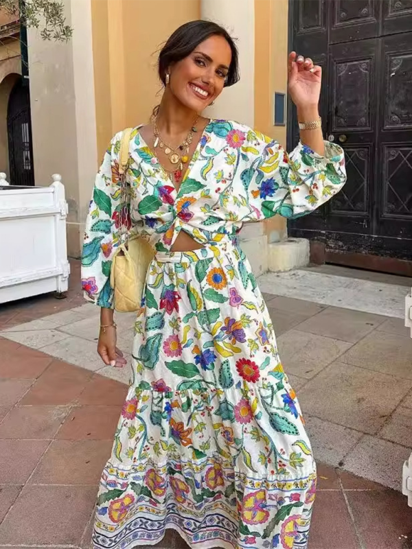 New women’s lantern sleeve printed waist-baring dress