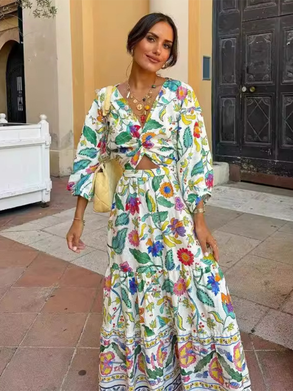 New women’s lantern sleeve printed waist-baring dress