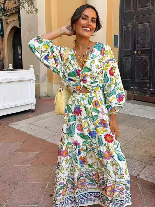 New women’s lantern sleeve printed waist-baring dress - White / S