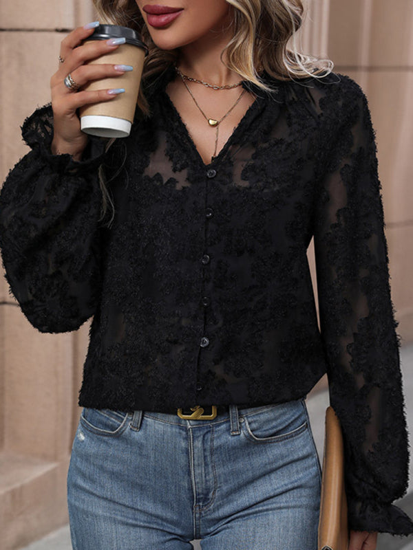 New Women’s Long Sleeve Black French Top - Black / S