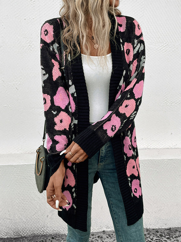 New Women’s Long Sleeve Contrast Color Floral Knitted Sweater Cardigan