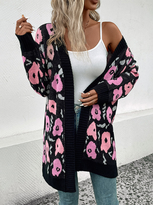 New Women’s Long Sleeve Contrast Color Floral Knitted Sweater Cardigan