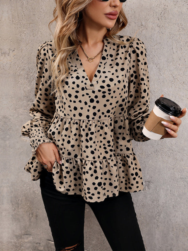 New women’s long sleeve leopard print shirt - Khaki / S