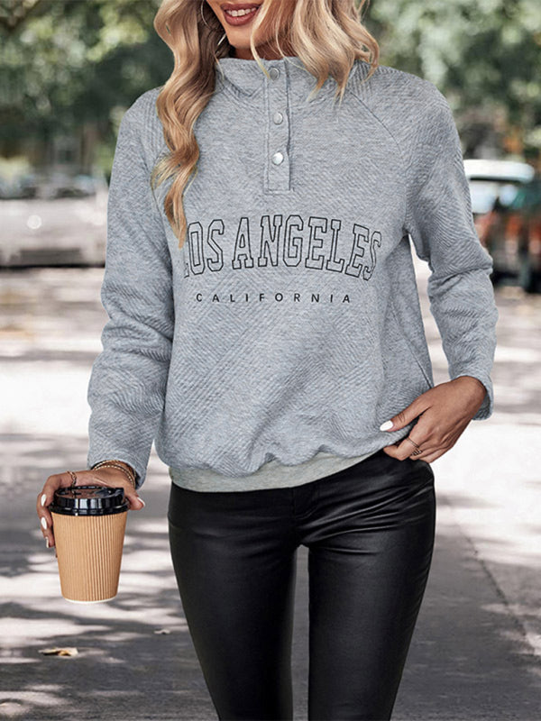 New Women's Long Sleeve Lettered Button Lapel Sweatshirt - Closther