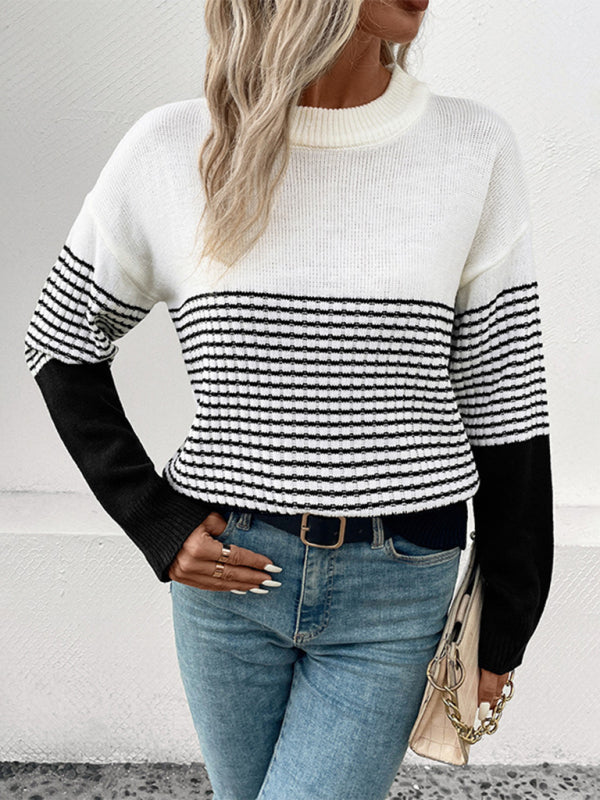 New Women's Long Sleeve Striped Contrast Color Pullover Sweater - Closther