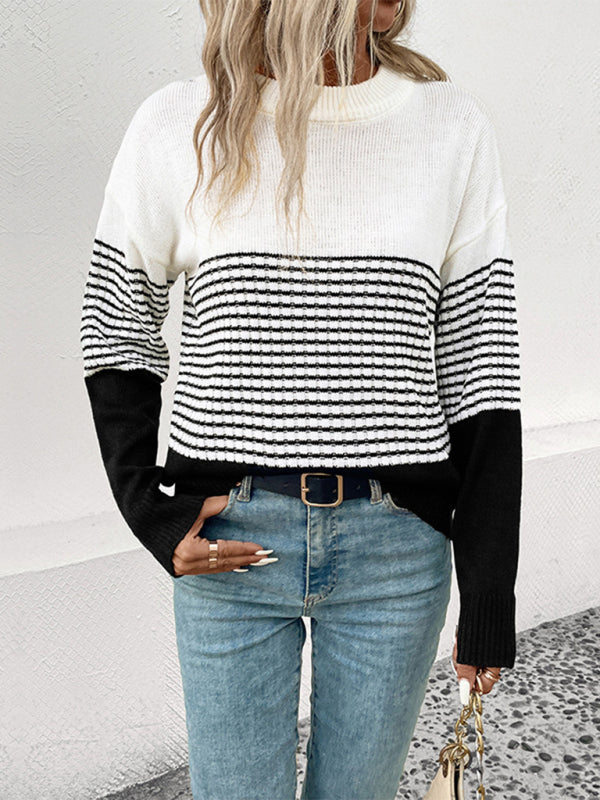 New Women's Long Sleeve Striped Contrast Color Pullover Sweater - Closther