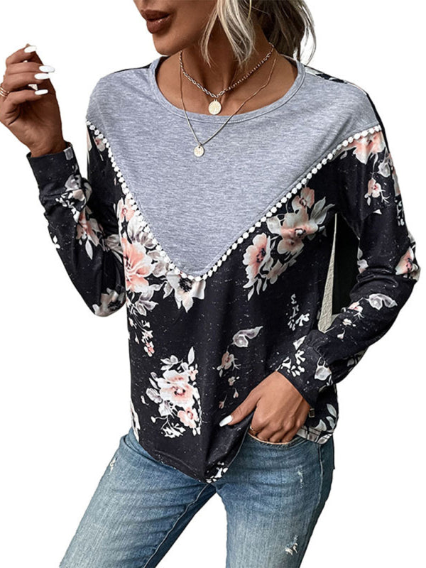 New women’s long-sleeved color block sweater thin sweater T-shirt