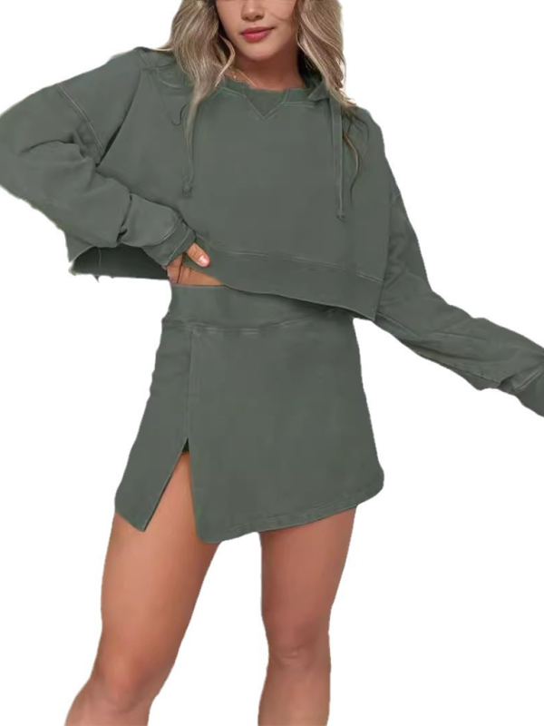 New women’s long-sleeved hooded sweatshirt skirt set - Green / S