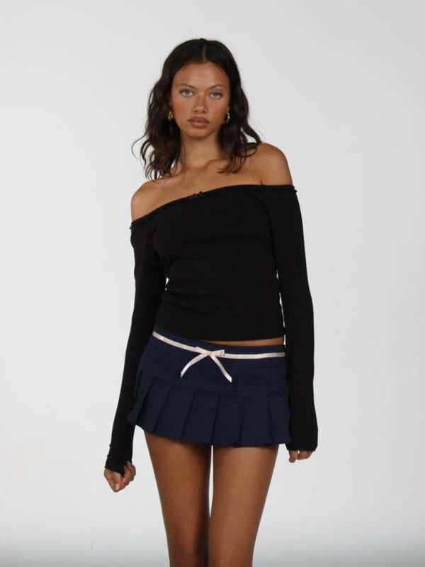 New women’s off-shoulder lace bow long-sleeved T-shirt - Black / S