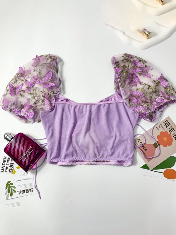 New women’s puff sleeve sexy floral navel cropped top