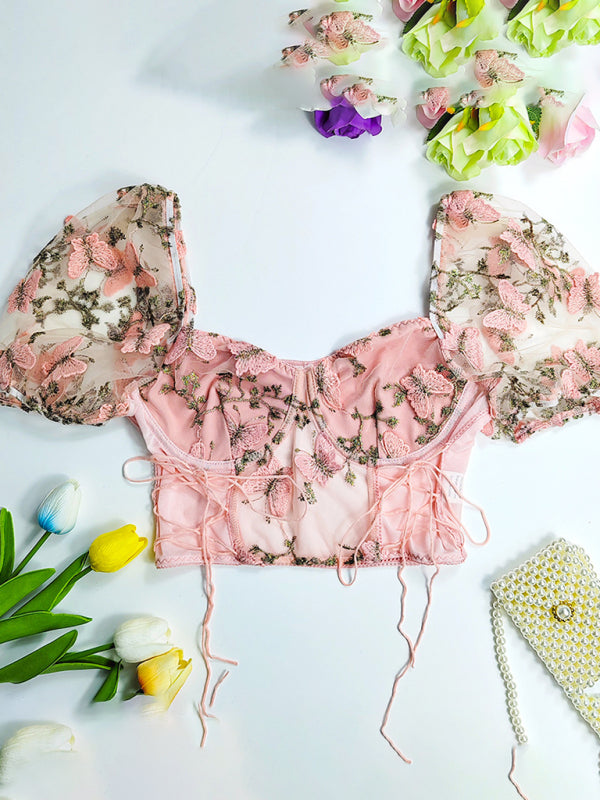 New women’s puff sleeve sexy floral navel cropped top