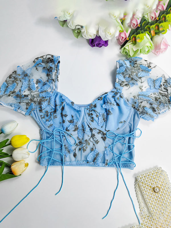 New women’s puff sleeve sexy floral navel cropped top
