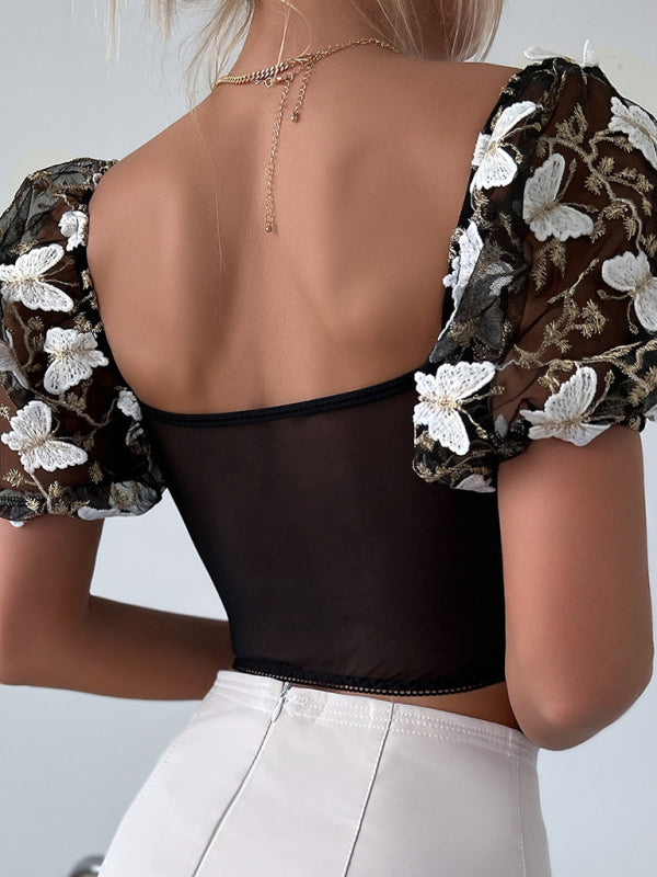 New women’s puff sleeve sexy floral navel cropped top
