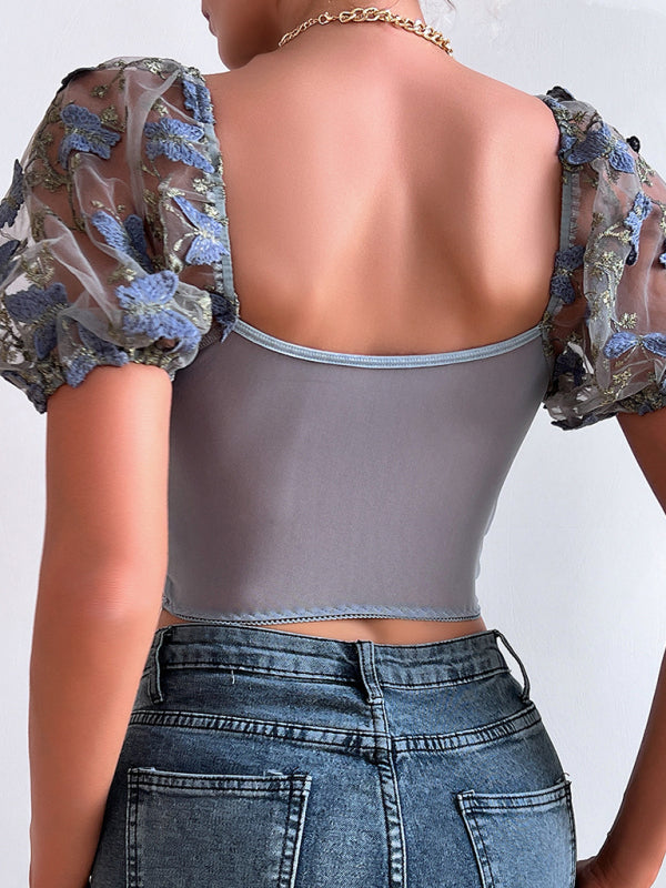 New women’s puff sleeve sexy floral navel cropped top