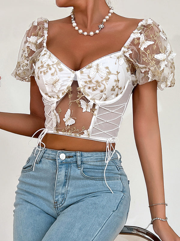 New women’s puff sleeve sexy floral navel cropped top
