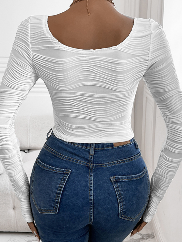 New women’s round neck slim fit sexy curved texture long sleeve T-shirt top