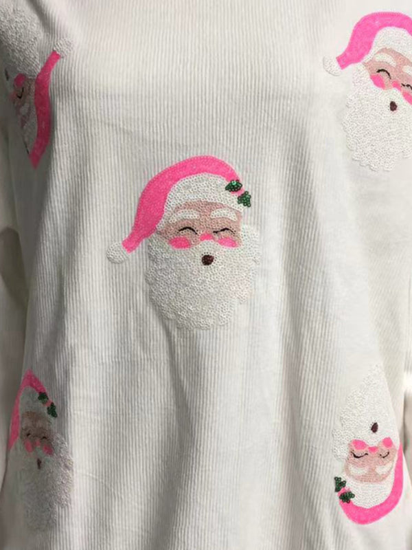 New Women’s Santa Claus Sequin Embroidery Loose Casual Long Sleeve Sweater