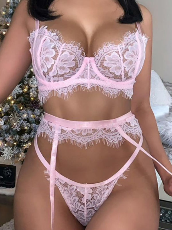 New women’s sexy sexy hollow suspender underwear three-piece suit - Pink / S