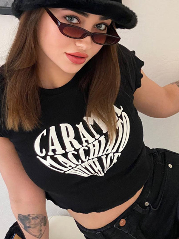 New women’s sexy navel-baring Baita top trend print short-sleeved T-shirt