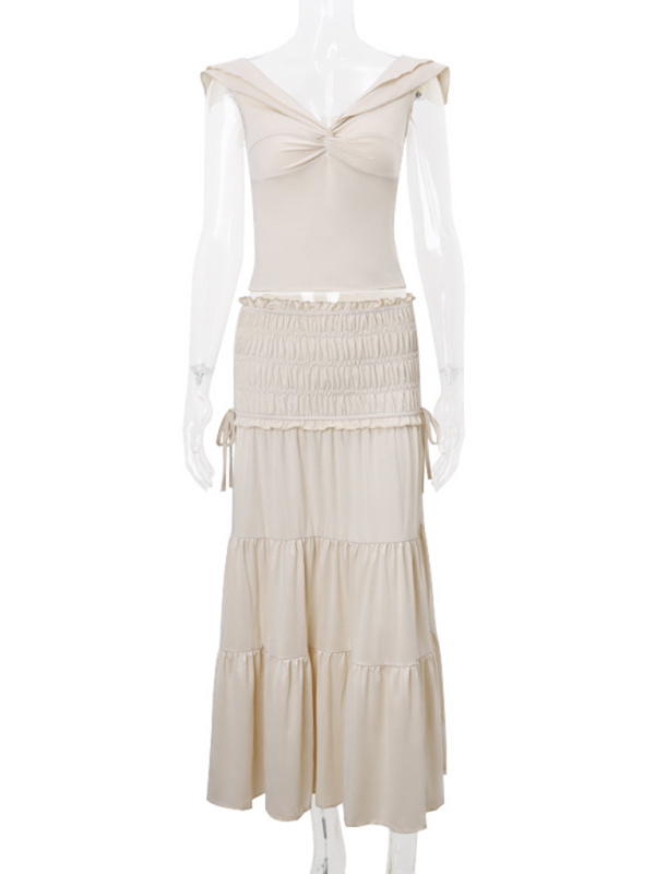 New women’s sexy navel-baring low-cut short vest + pleated skirt two-piece set