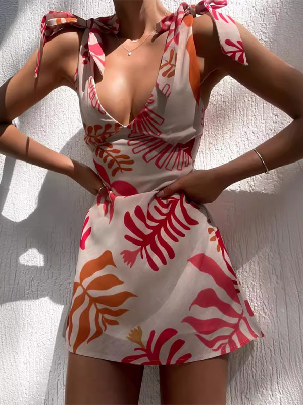New women’s sexy printed short dress - Orange Red / S