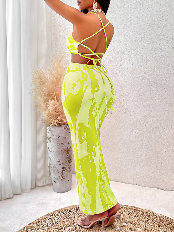 Woman wearing a neon green two-piece outfit from a printed suspender-long dress product