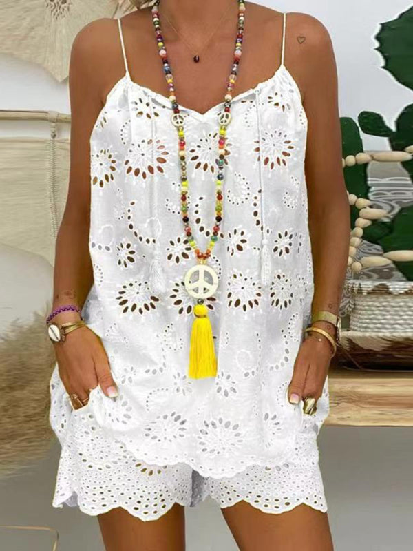 New women’s sleeveless drawstring ruffled hollow camisole embroidered shorts suit - White / S