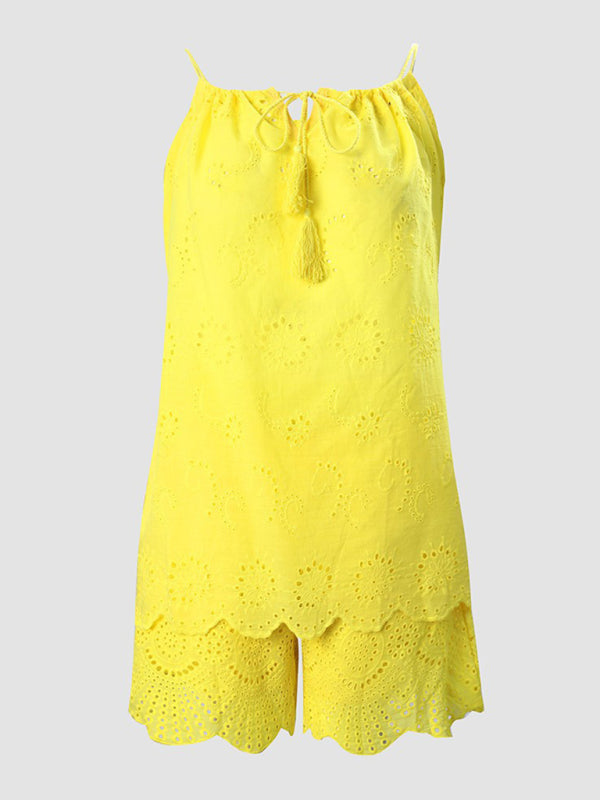 New women’s sleeveless drawstring ruffled hollow camisole embroidered shorts suit