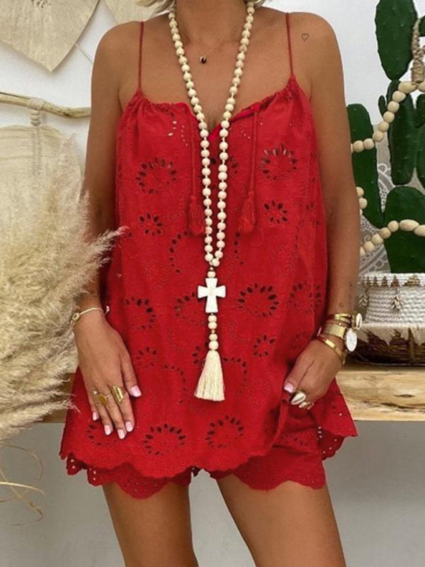 New women’s sleeveless drawstring ruffled hollow camisole embroidered shorts suit - Wine Red / S