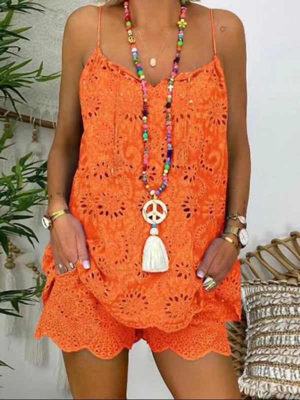 New women’s sleeveless drawstring ruffled hollow camisole embroidered shorts suit - Orange / S