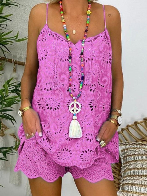 New women’s sleeveless drawstring ruffled hollow camisole embroidered shorts suit - Violet / S