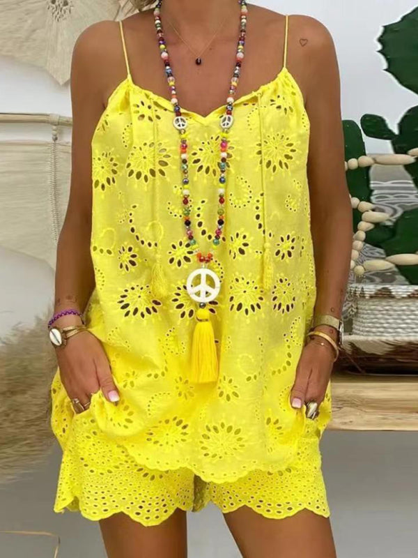 New women’s sleeveless drawstring ruffled hollow camisole embroidered shorts suit - Yellow / S