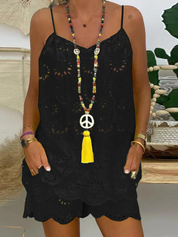 New women’s sleeveless drawstring ruffled hollow camisole embroidered shorts suit - Black / S