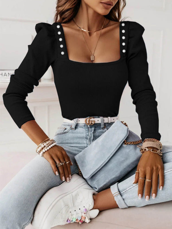 New women’s solid color beaded long-sleeved pit strip top