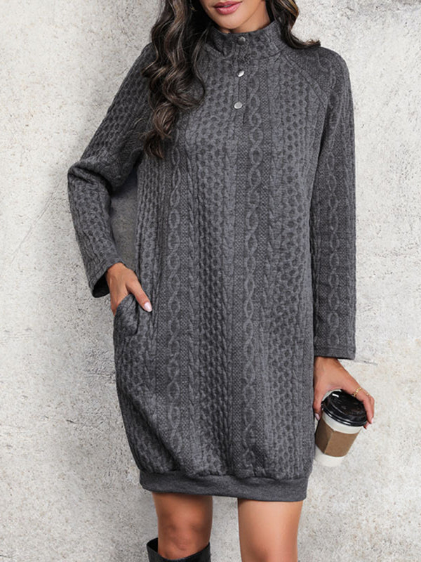 New women’s solid color casual stand collar sweatshirt dress - Charcoal grey / S