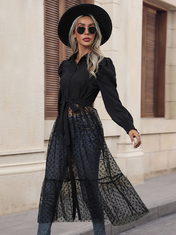 New women’s solid color elegant patchwork long-sleeved shirt dress - Black / S