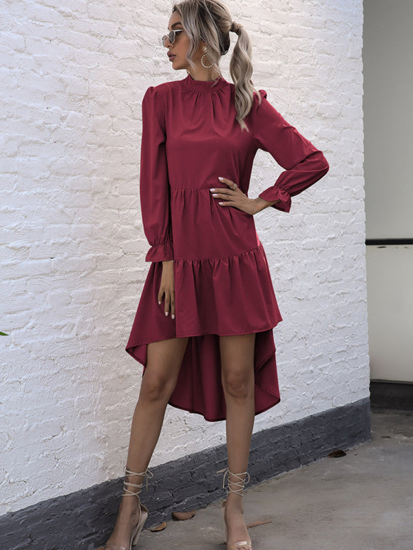 New women’s solid color long sleeve irregular half turtleneck dress