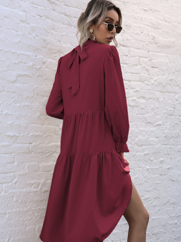 New women’s solid color long sleeve irregular half turtleneck dress