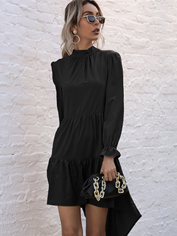 New women’s solid color long sleeve irregular half turtleneck dress
