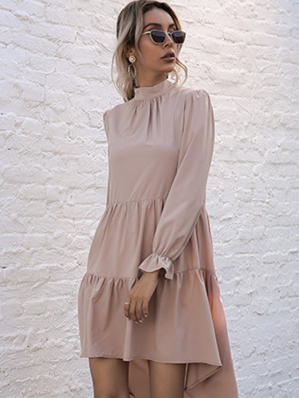 New women’s solid color long sleeve irregular half turtleneck dress