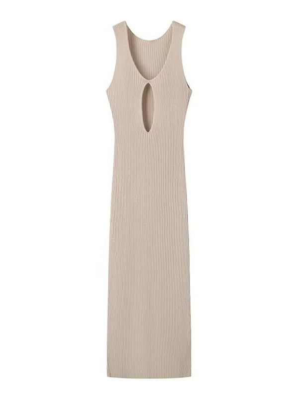 New women’s solid color pullover V-neck sleeveless sexy hollow slit dress - Khaki / S